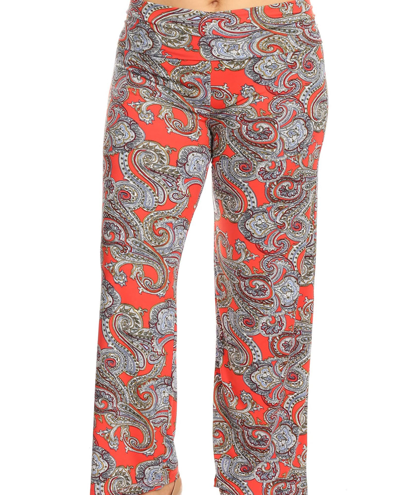 Front of a model wearing a size 3X Paisley Printed Palazzo Pants in Red Paisley by White Mark. | dia_product_style_image_id:250252